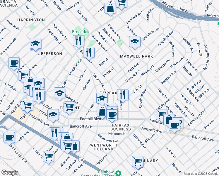 map of restaurants, bars, coffee shops, grocery stores, and more near 5030 Congress Avenue in Oakland