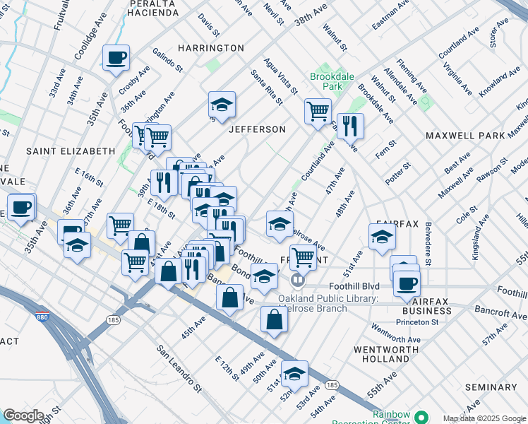 map of restaurants, bars, coffee shops, grocery stores, and more near 2039 45th Avenue in Oakland