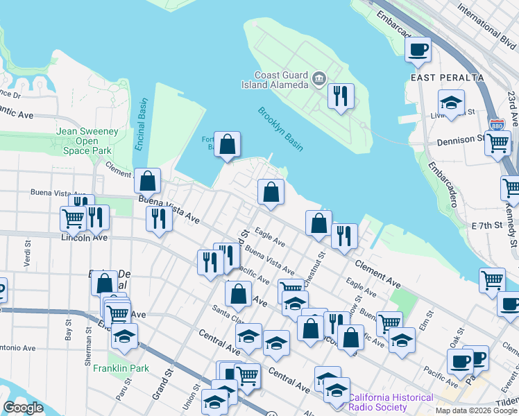 map of restaurants, bars, coffee shops, grocery stores, and more near 1922 Grand Street in Alameda