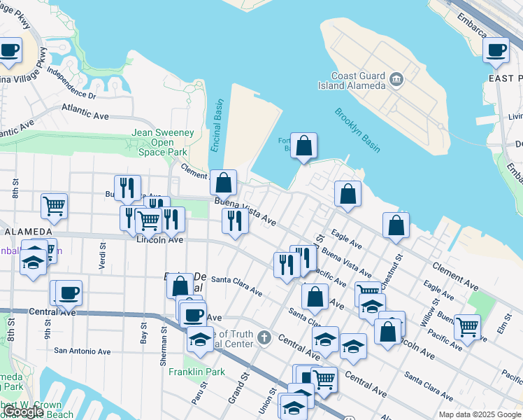 map of restaurants, bars, coffee shops, grocery stores, and more near 1563 Buena Vista Avenue in Alameda