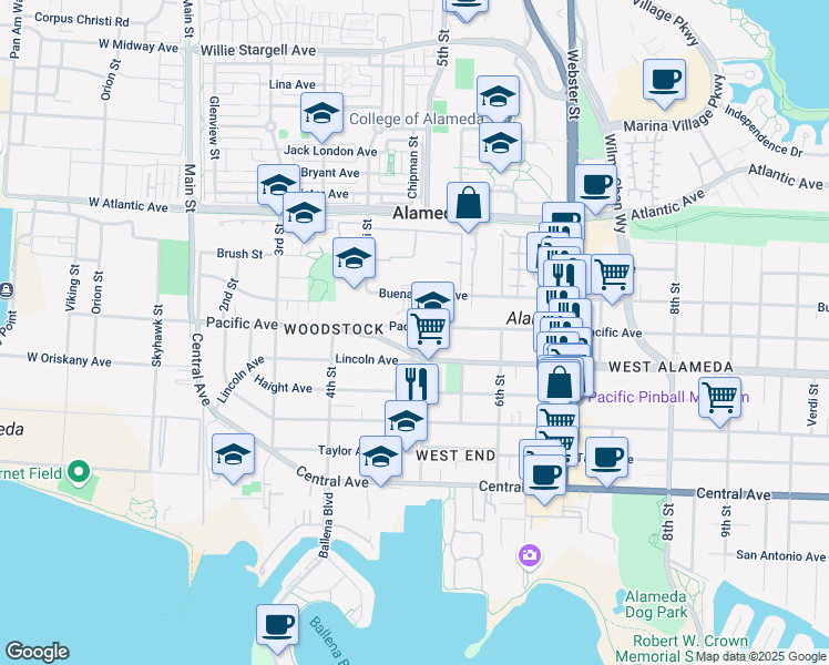 map of restaurants, bars, coffee shops, grocery stores, and more near 464a Pacific Avenue in Alameda