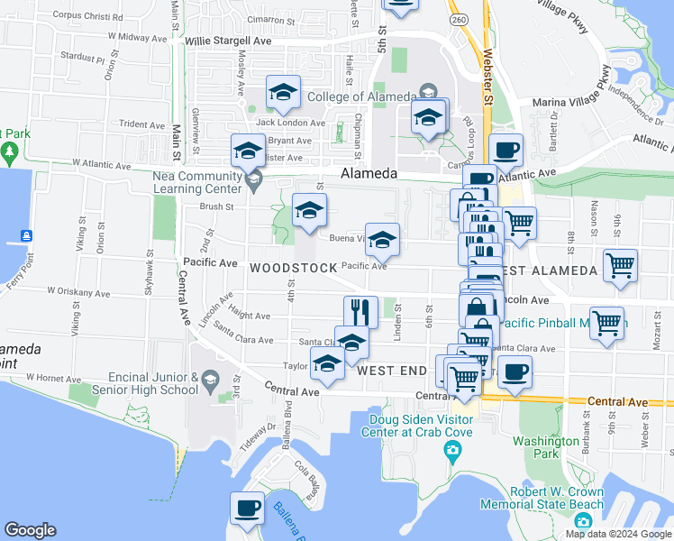 map of restaurants, bars, coffee shops, grocery stores, and more near 464a Pacific Avenue in Alameda