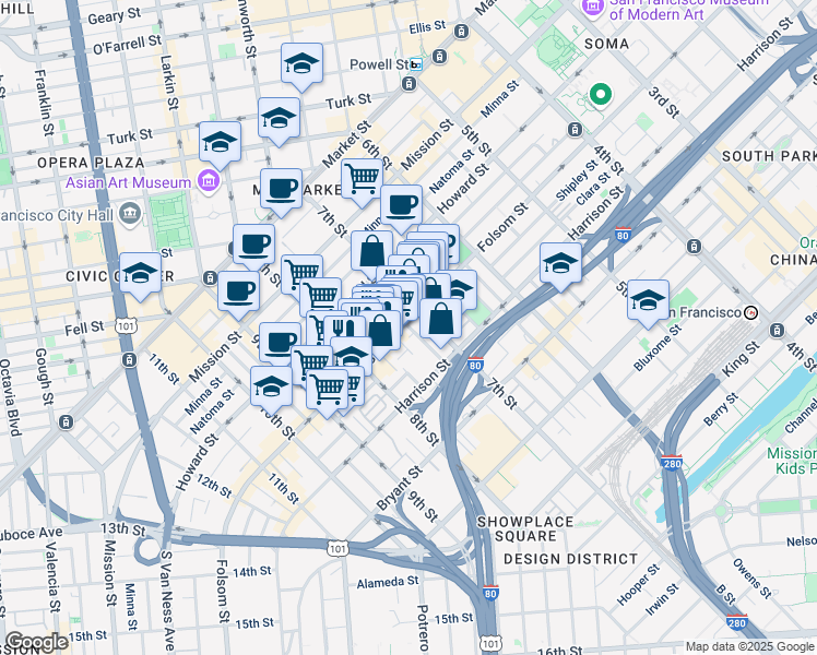 map of restaurants, bars, coffee shops, grocery stores, and more near 1136 Folsom Street in San Francisco