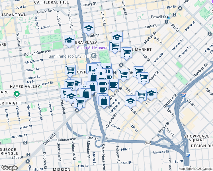 map of restaurants, bars, coffee shops, grocery stores, and more near 9 Fell Street in San Francisco