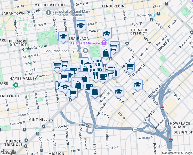 map of restaurants, bars, coffee shops, grocery stores, and more near 9 Fell Street in San Francisco