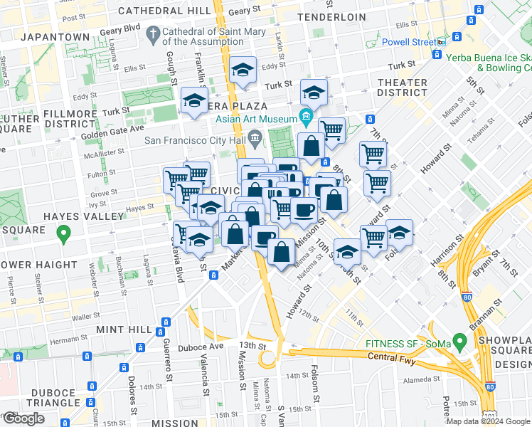 map of restaurants, bars, coffee shops, grocery stores, and more near in San Francisco