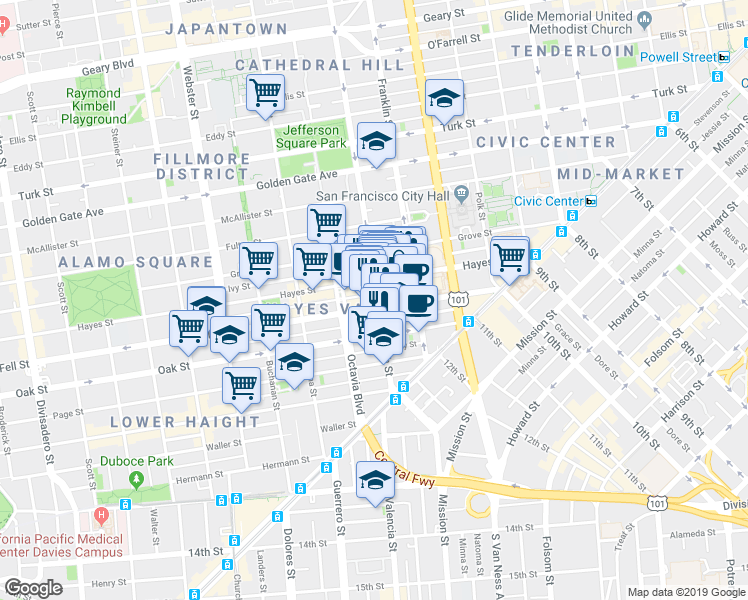 map of restaurants, bars, coffee shops, grocery stores, and more near 280 Fell Street in San Francisco