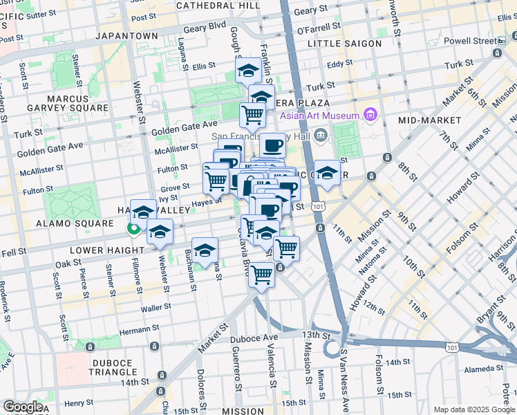 map of restaurants, bars, coffee shops, grocery stores, and more near 280 Fell Street in San Francisco