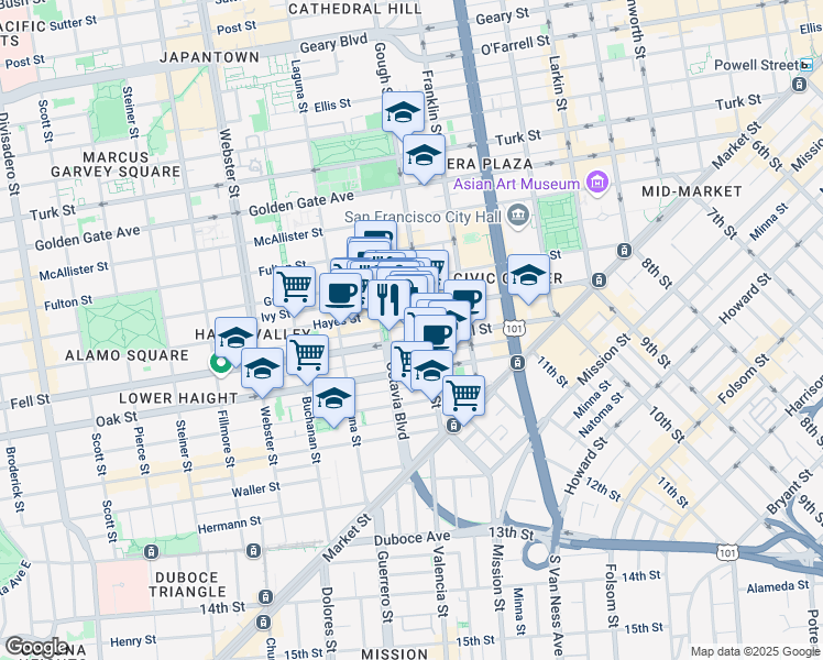 map of restaurants, bars, coffee shops, grocery stores, and more near in San Francisco