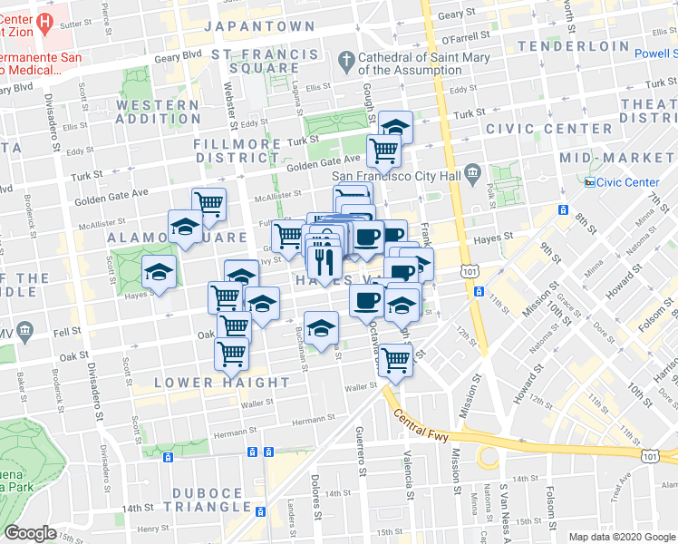 map of restaurants, bars, coffee shops, grocery stores, and more near 542 Laguna Street in San Francisco