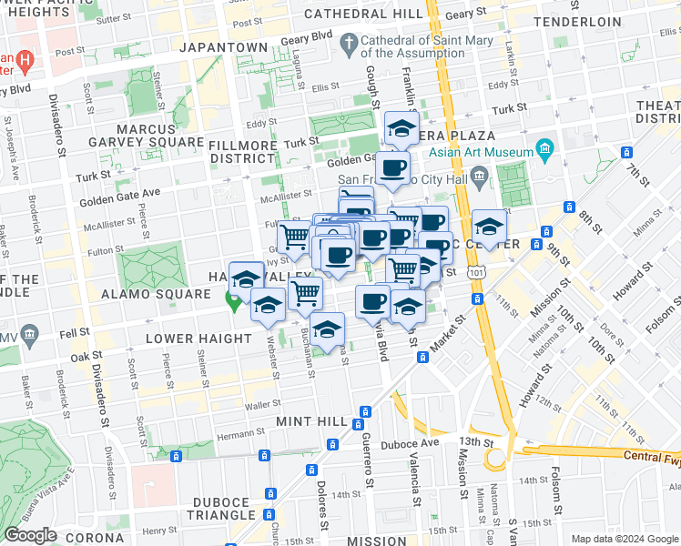 map of restaurants, bars, coffee shops, grocery stores, and more near 542 Laguna Street in San Francisco