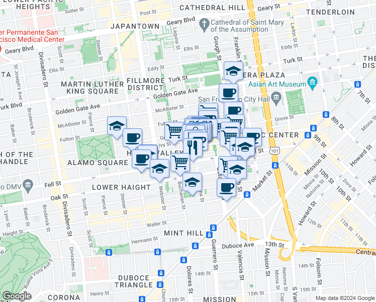 map of restaurants, bars, coffee shops, grocery stores, and more near 542 Linden Street in San Francisco