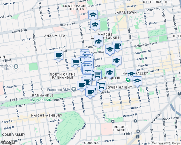 map of restaurants, bars, coffee shops, grocery stores, and more near 1280 Grove Street in San Francisco
