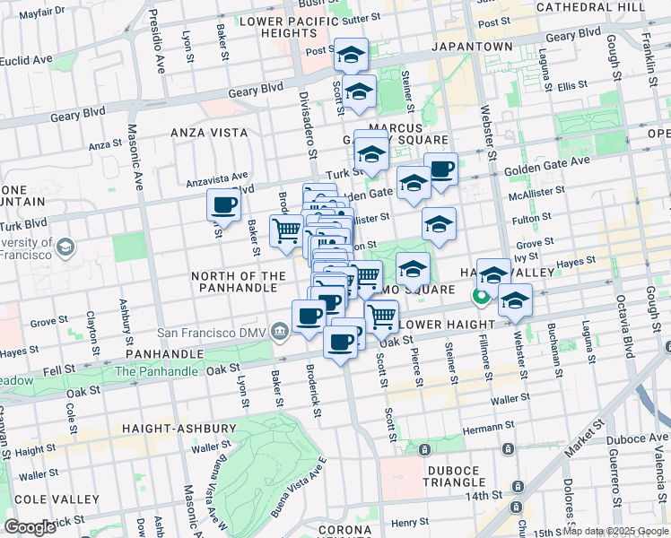 map of restaurants, bars, coffee shops, grocery stores, and more near 1280 Grove Street in San Francisco
