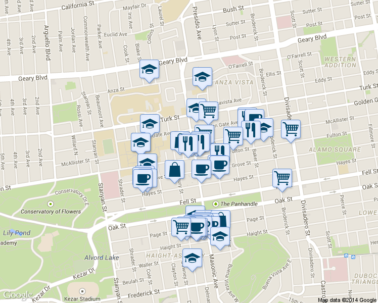 map of restaurants, bars, coffee shops, grocery stores, and more near in San Francisco