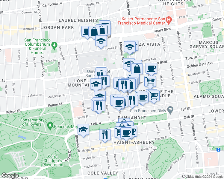 map of restaurants, bars, coffee shops, grocery stores, and more near 25 Loyola Terrace in San Francisco