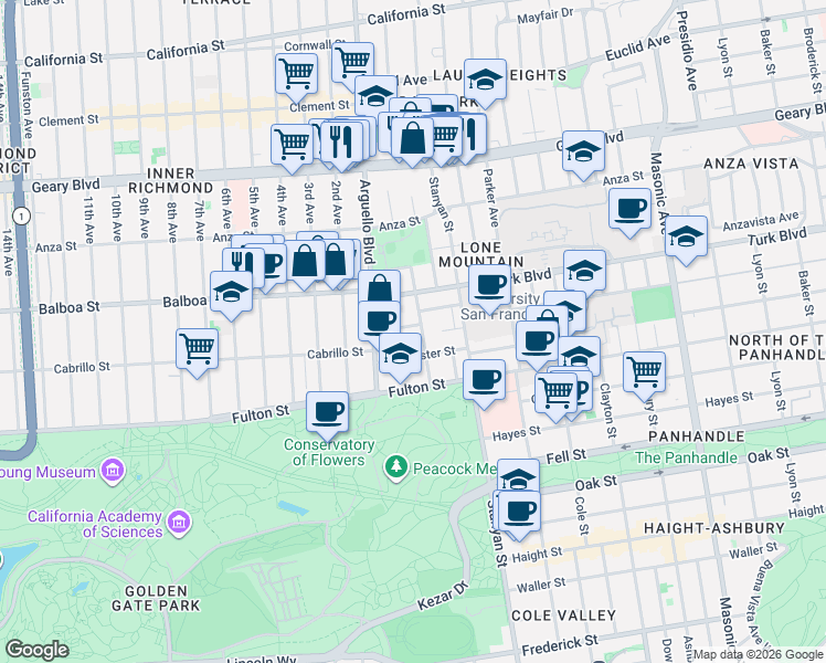 map of restaurants, bars, coffee shops, grocery stores, and more near 225 Willard North in San Francisco
