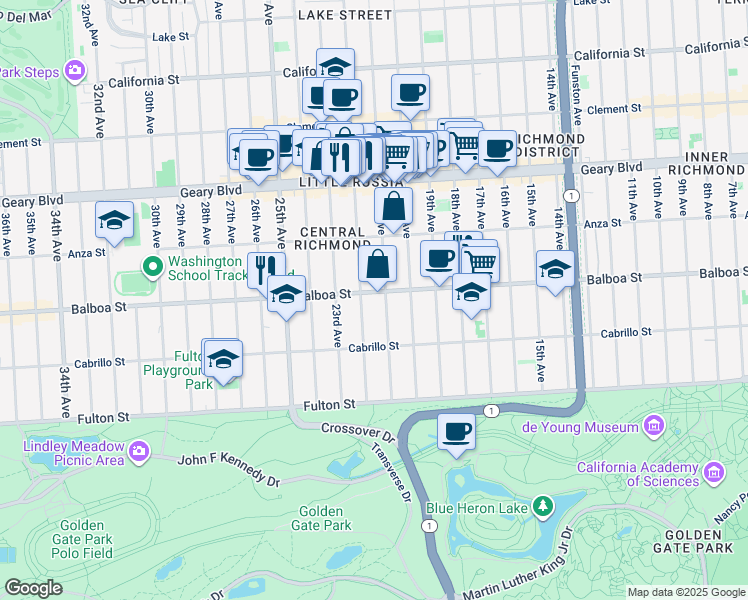 map of restaurants, bars, coffee shops, grocery stores, and more near 622 22nd Avenue in San Francisco
