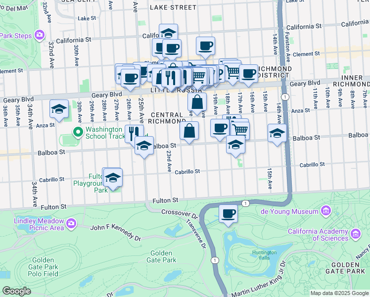 map of restaurants, bars, coffee shops, grocery stores, and more near 622 22nd Avenue in San Francisco