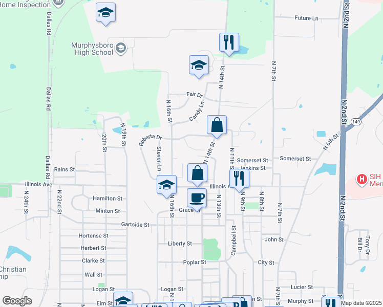 map of restaurants, bars, coffee shops, grocery stores, and more near 1105 B And J Circle in Murphysboro