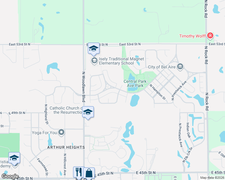 map of restaurants, bars, coffee shops, grocery stores, and more near 6805 E Central Park Ave in Bel Aire