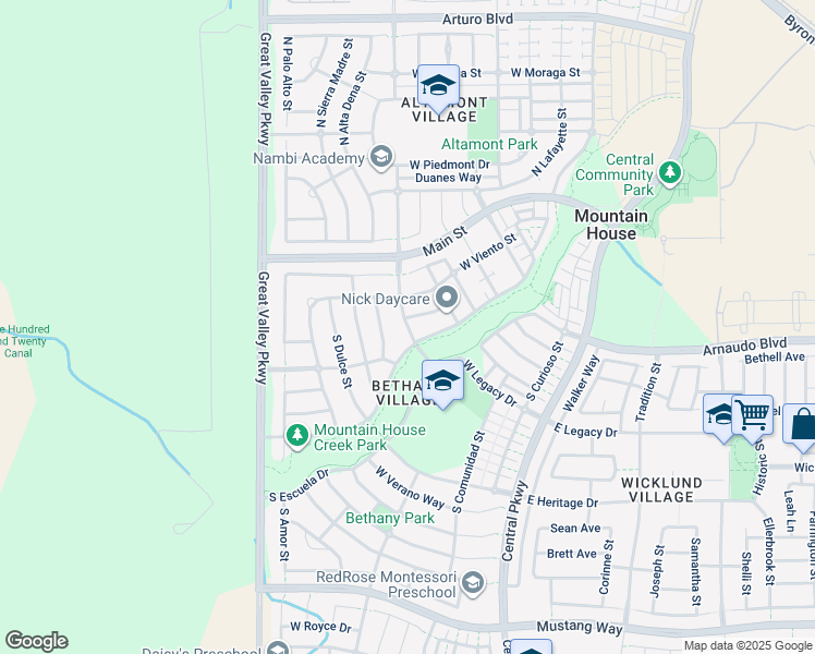 map of restaurants, bars, coffee shops, grocery stores, and more near 222 Puente Drive South in Tracy