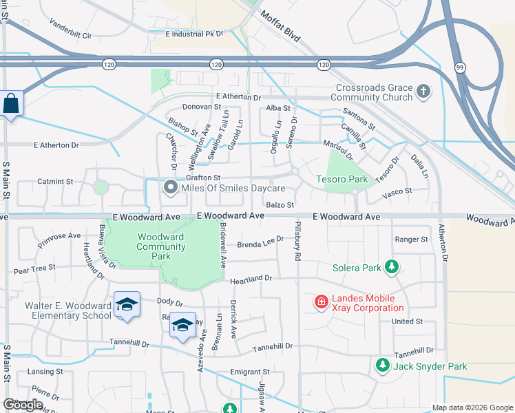 map of restaurants, bars, coffee shops, grocery stores, and more near 1038 Balzo Street in Manteca