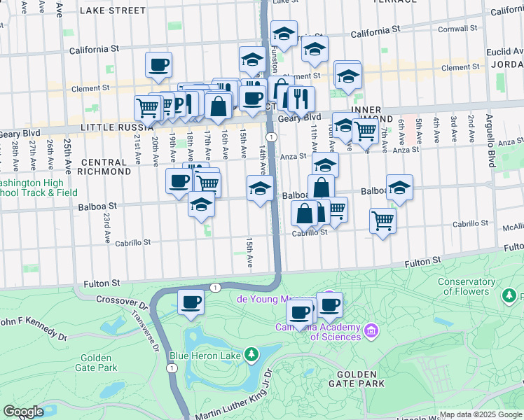 map of restaurants, bars, coffee shops, grocery stores, and more near 638 15th Avenue in San Francisco