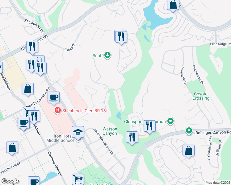 map of restaurants, bars, coffee shops, grocery stores, and more near 2190 Canyon Lakes Drive in San Ramon