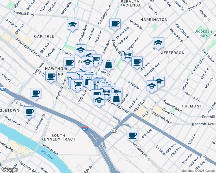map of restaurants, bars, coffee shops, grocery stores, and more near 1442 37th Avenue in Oakland