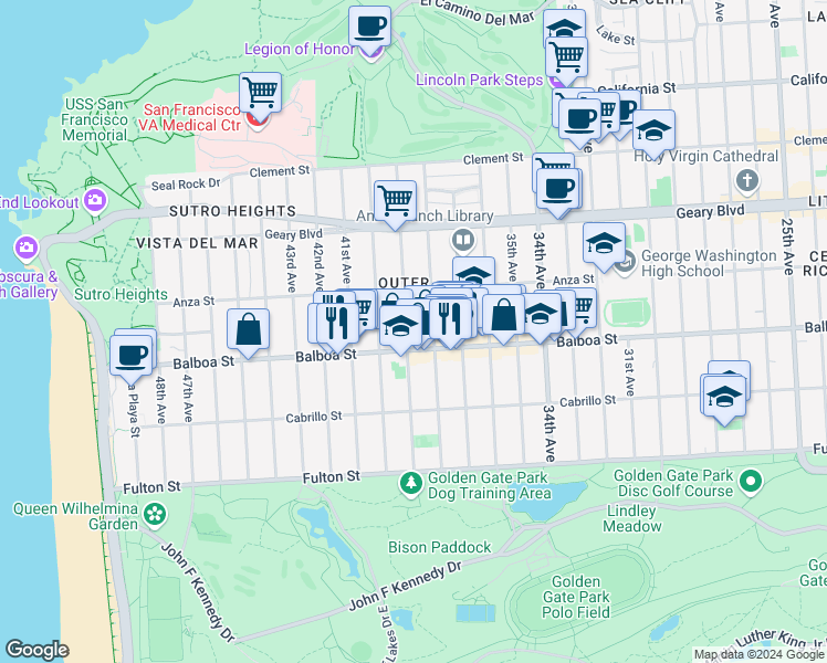 map of restaurants, bars, coffee shops, grocery stores, and more near 670 39th Avenue in San Francisco