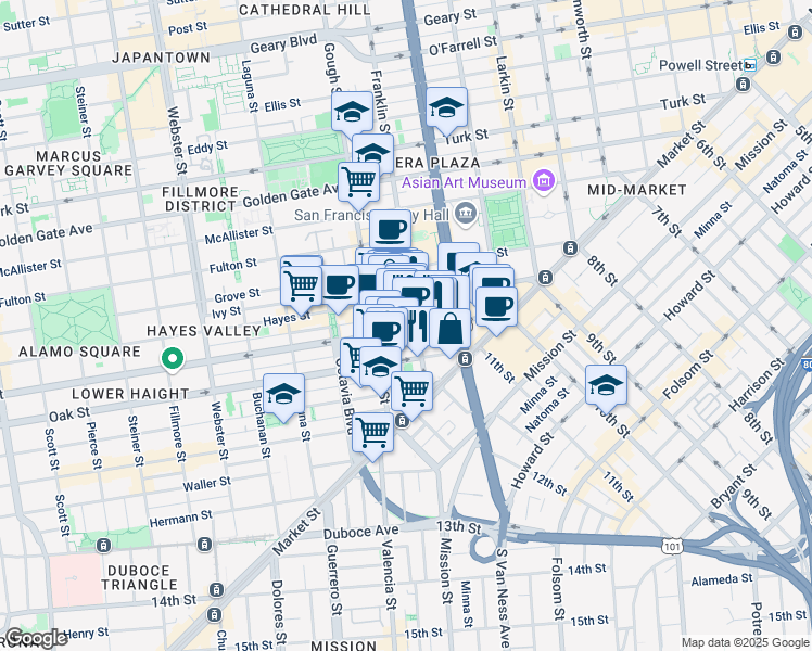 map of restaurants, bars, coffee shops, grocery stores, and more near 205 Franklin Street in San Francisco