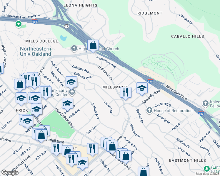 map of restaurants, bars, coffee shops, grocery stores, and more near 3888 Delmont Avenue in Oakland