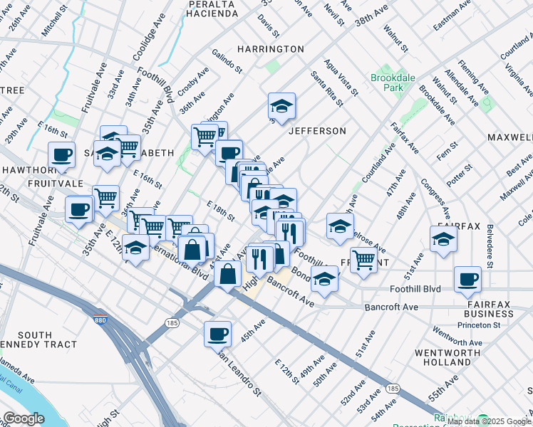 map of restaurants, bars, coffee shops, grocery stores, and more near 1914 42nd Avenue in Oakland