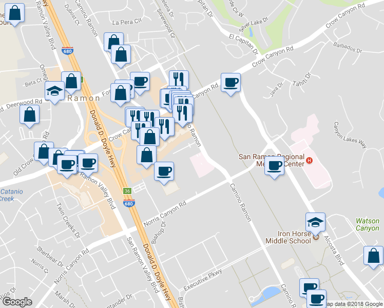 map of restaurants, bars, coffee shops, grocery stores, and more near 2226 Camino Ramon in San Ramon