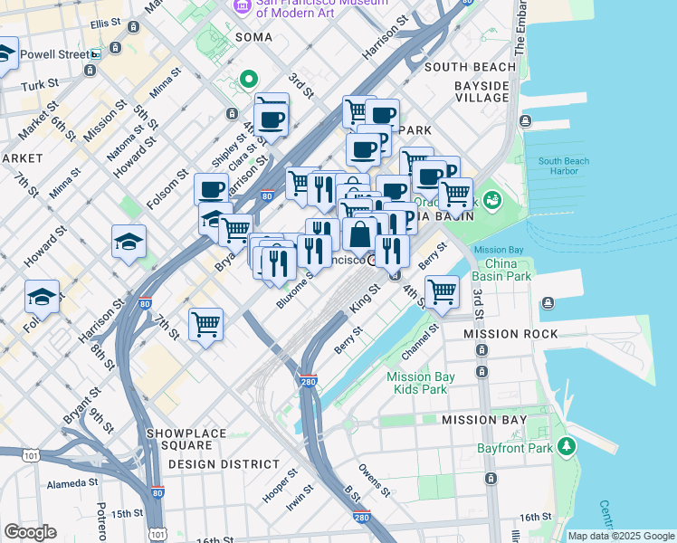 map of restaurants, bars, coffee shops, grocery stores, and more near 388 Townsend Street in San Francisco