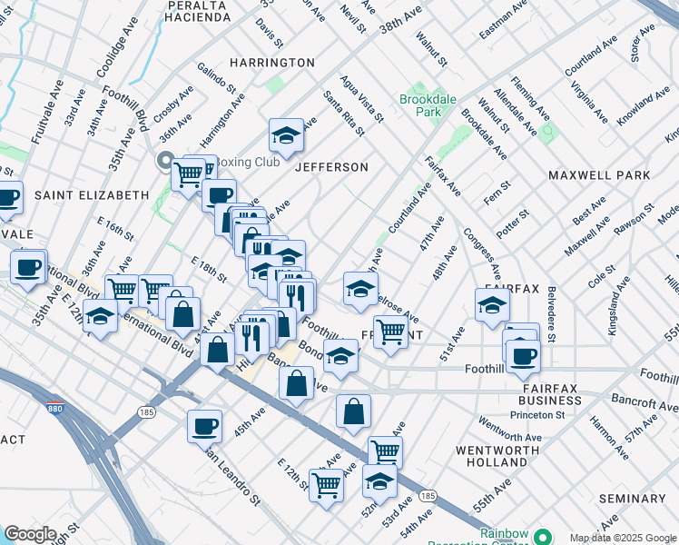 map of restaurants, bars, coffee shops, grocery stores, and more near 2028 High Street in Oakland
