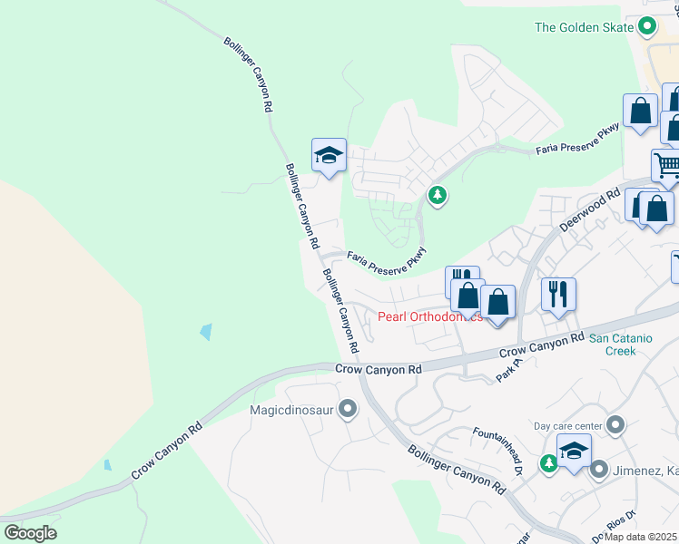 map of restaurants, bars, coffee shops, grocery stores, and more near 18888 Bollinger Canyon Road in San Ramon