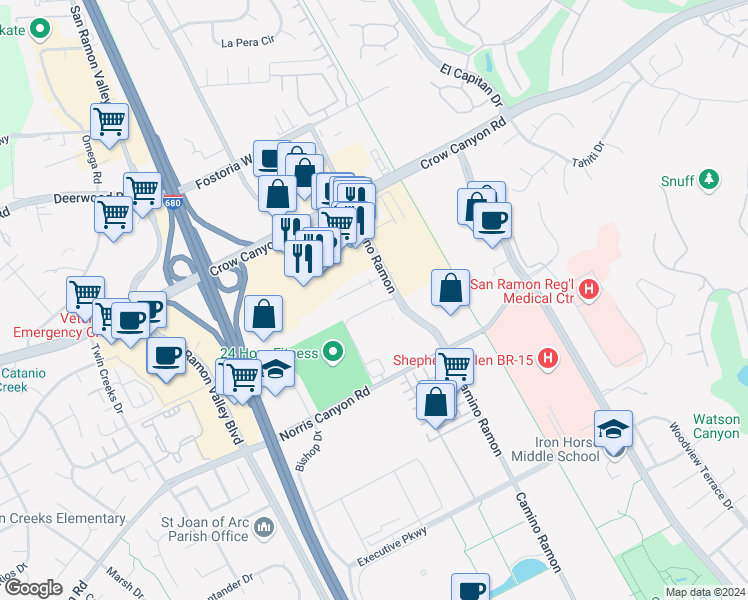 map of restaurants, bars, coffee shops, grocery stores, and more near 2226 Camino Ramon in San Ramon