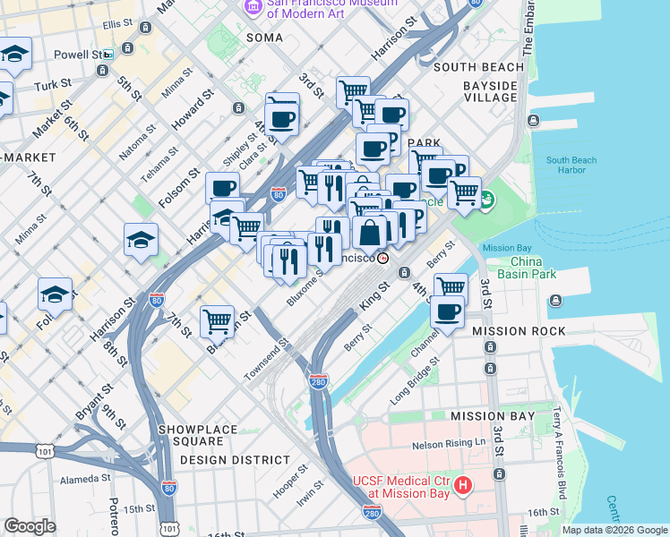 map of restaurants, bars, coffee shops, grocery stores, and more near 77 Bluxome Street in San Francisco