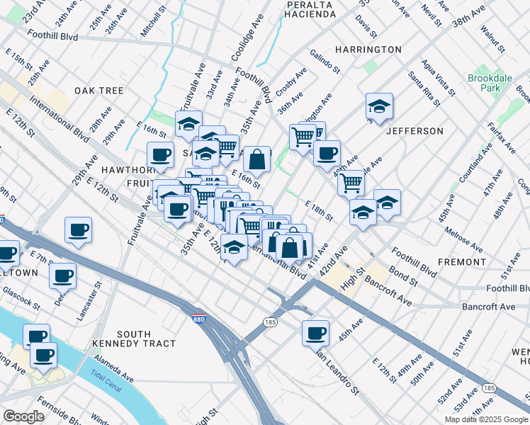 map of restaurants, bars, coffee shops, grocery stores, and more near 1535 38th Avenue in Oakland