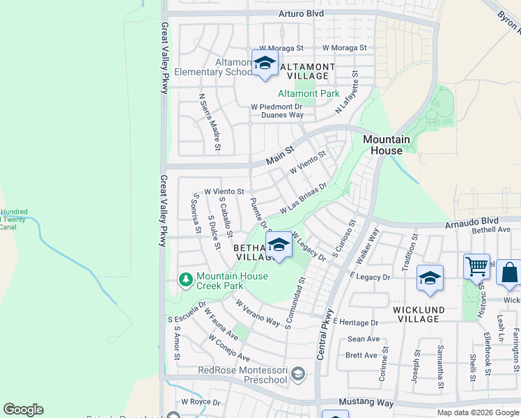 map of restaurants, bars, coffee shops, grocery stores, and more near 222 Puente Drive South in Mountain House
