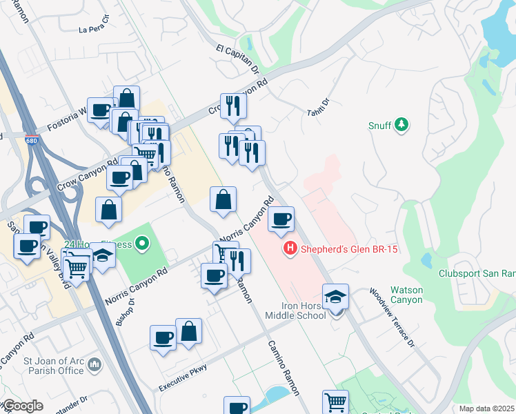 map of restaurants, bars, coffee shops, grocery stores, and more near 4704 Norris Canyon Road in San Ramon