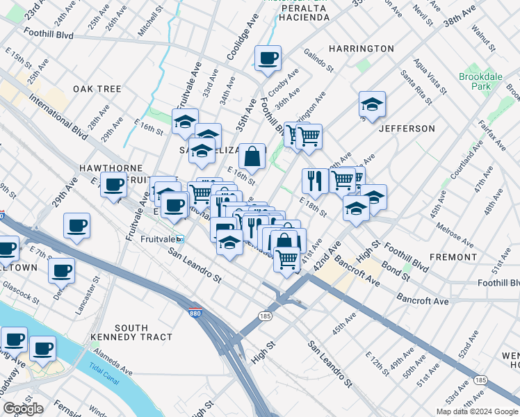 map of restaurants, bars, coffee shops, grocery stores, and more near 1535 38th Avenue in Oakland