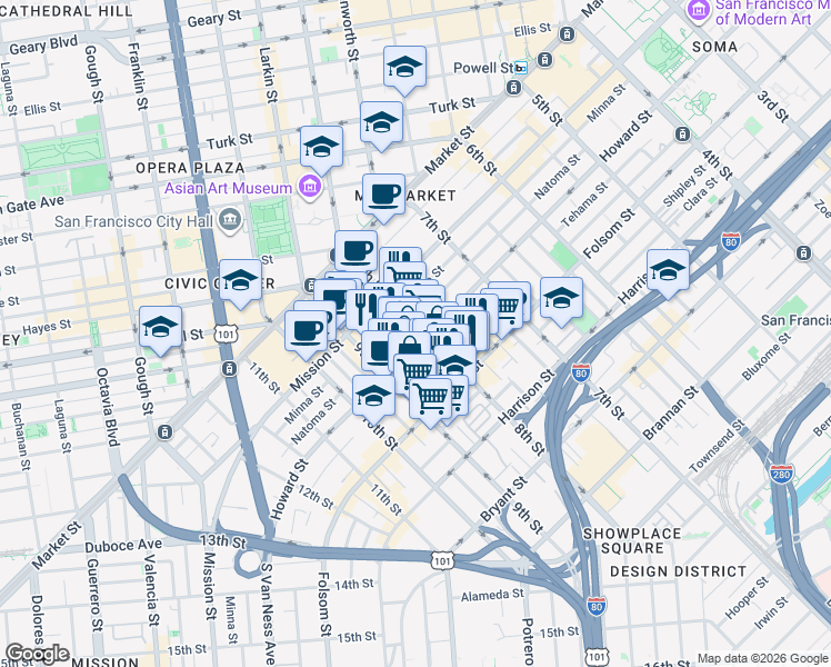 map of restaurants, bars, coffee shops, grocery stores, and more near in San Francisco