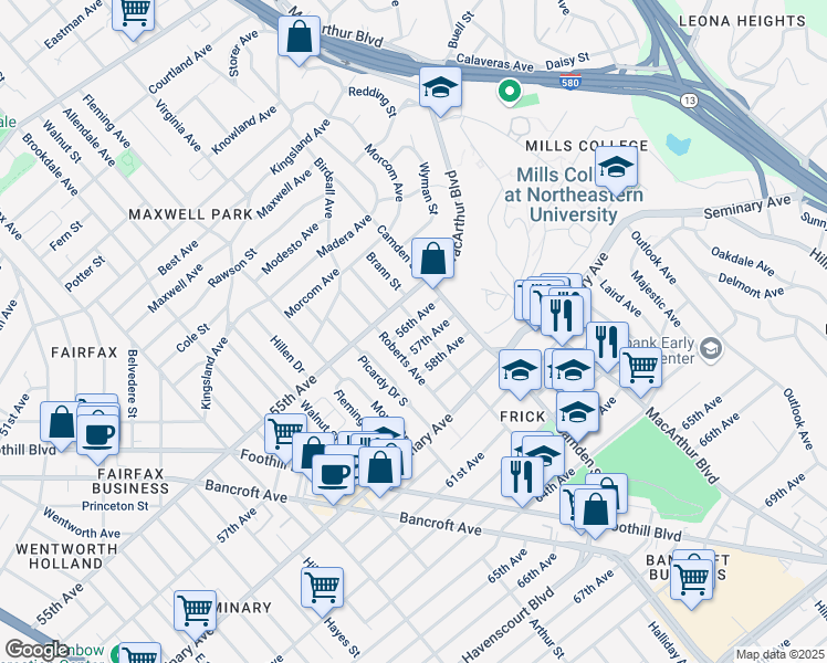map of restaurants, bars, coffee shops, grocery stores, and more near 2939 57th Avenue in Oakland