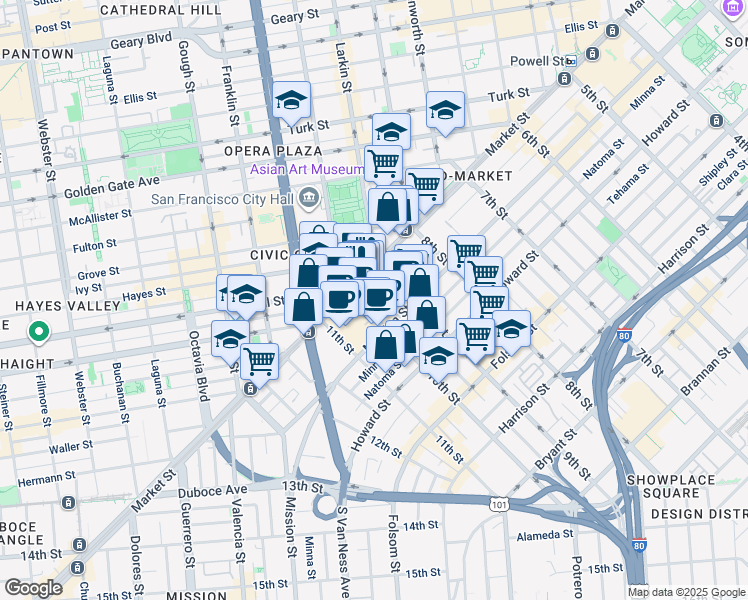 map of restaurants, bars, coffee shops, grocery stores, and more near 1 10th Street in San Francisco