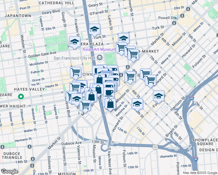 map of restaurants, bars, coffee shops, grocery stores, and more near 1411 Market Street in San Francisco