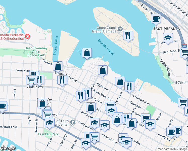 map of restaurants, bars, coffee shops, grocery stores, and more near 1660 Clement Avenue in Alameda