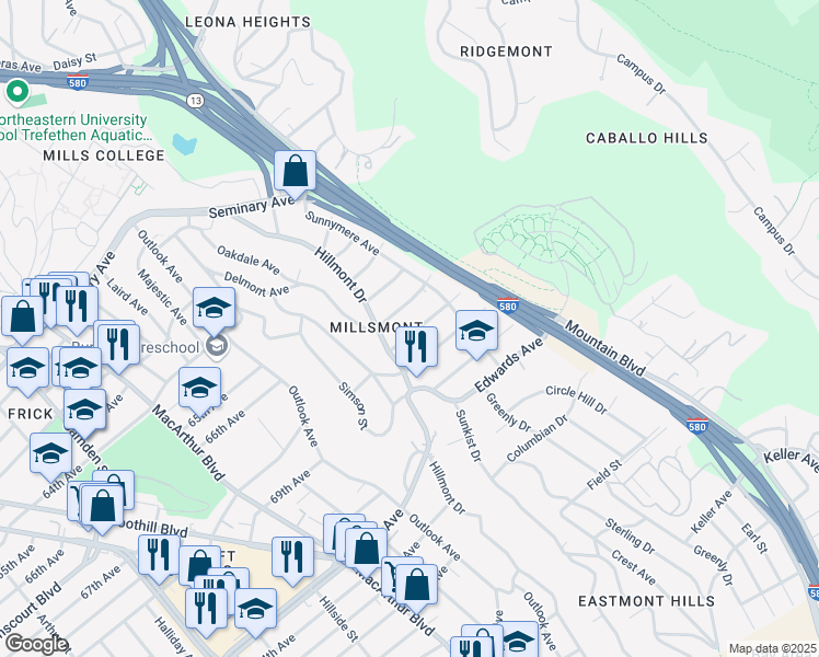 map of restaurants, bars, coffee shops, grocery stores, and more near 3939 Edgemoor Place in Oakland